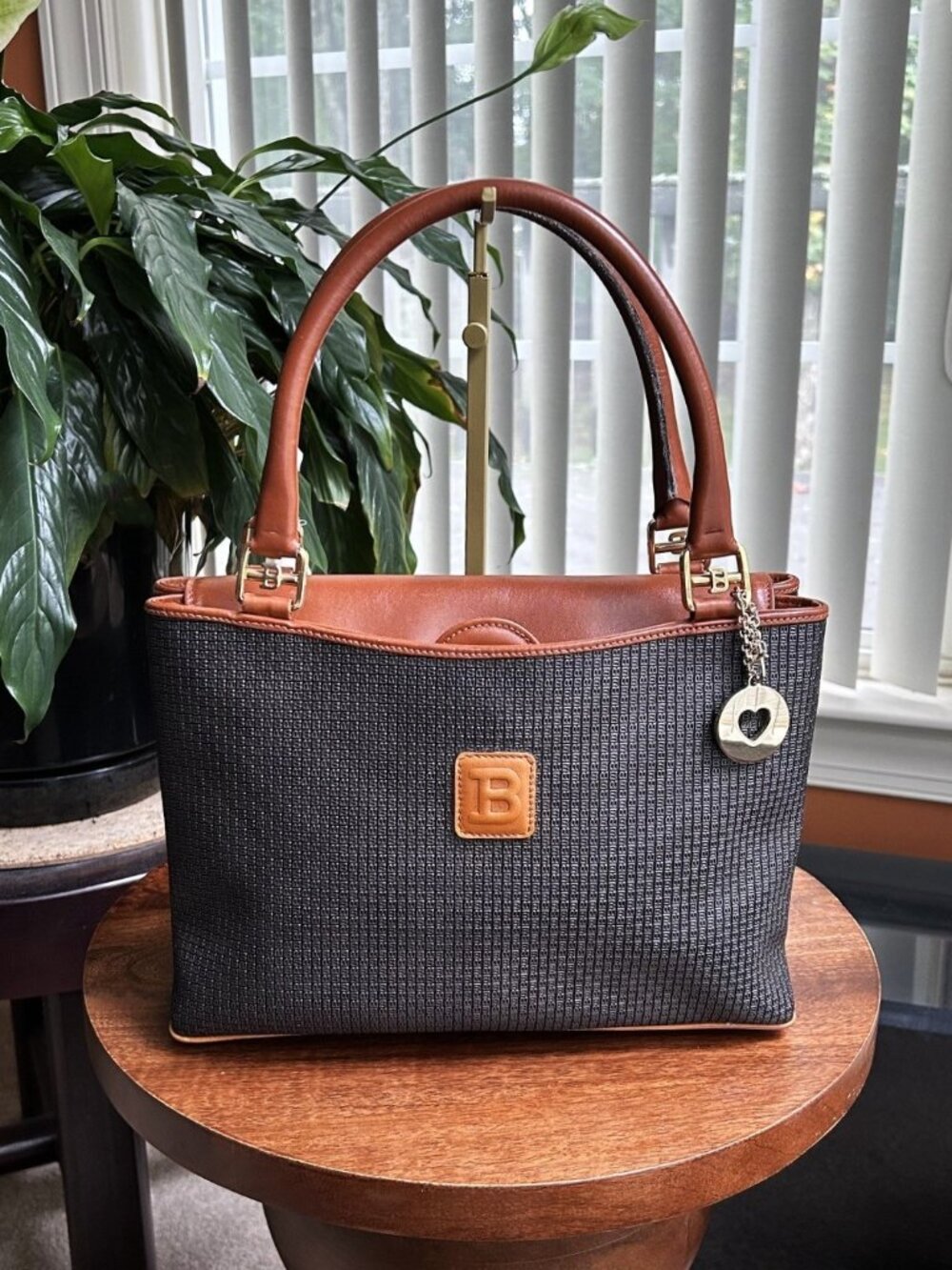 BALLY Embossed B Canvas and Leather Tote Bag, Black, British Tan